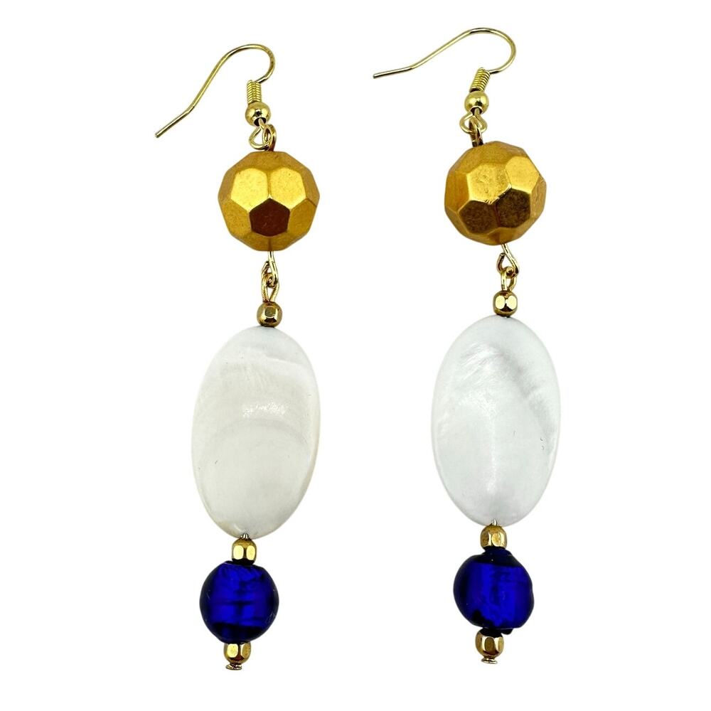 Vintage Upcycled Handmade MOP Blue Glass Gold Tone Bead Dangle Drop 3" Earrings